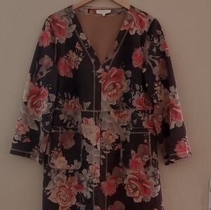 Solitaire Anthropology Women's Faux Suede Brown Floral Open Front Duster, Size L